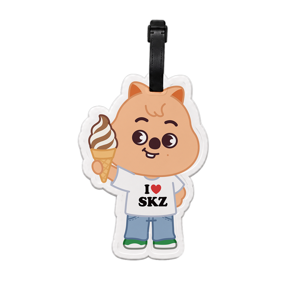 Luggage tag with cartoon character holding an ice cream cone and 'I ❤️ SKZ' text