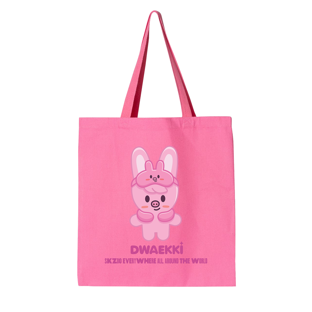 Pink tote bag with Dwaekki cartoon character and text