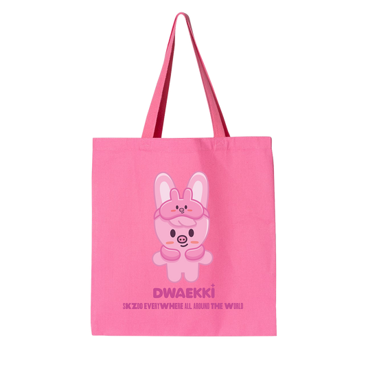 Pink tote bag with Dwaekki cartoon character and text