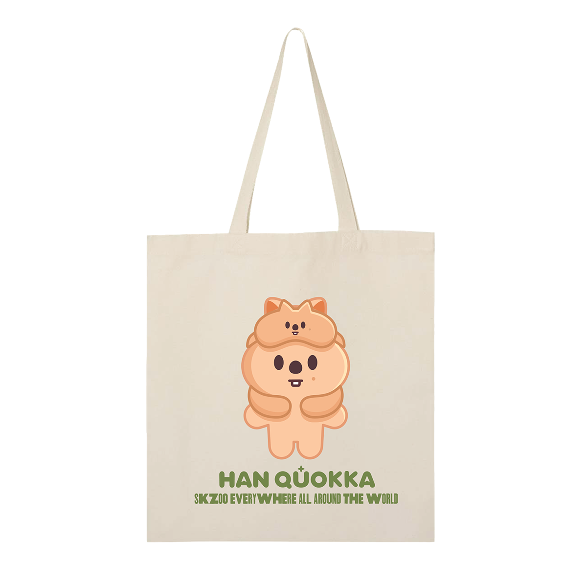 Beige tote bag with a cartoon character and text 
