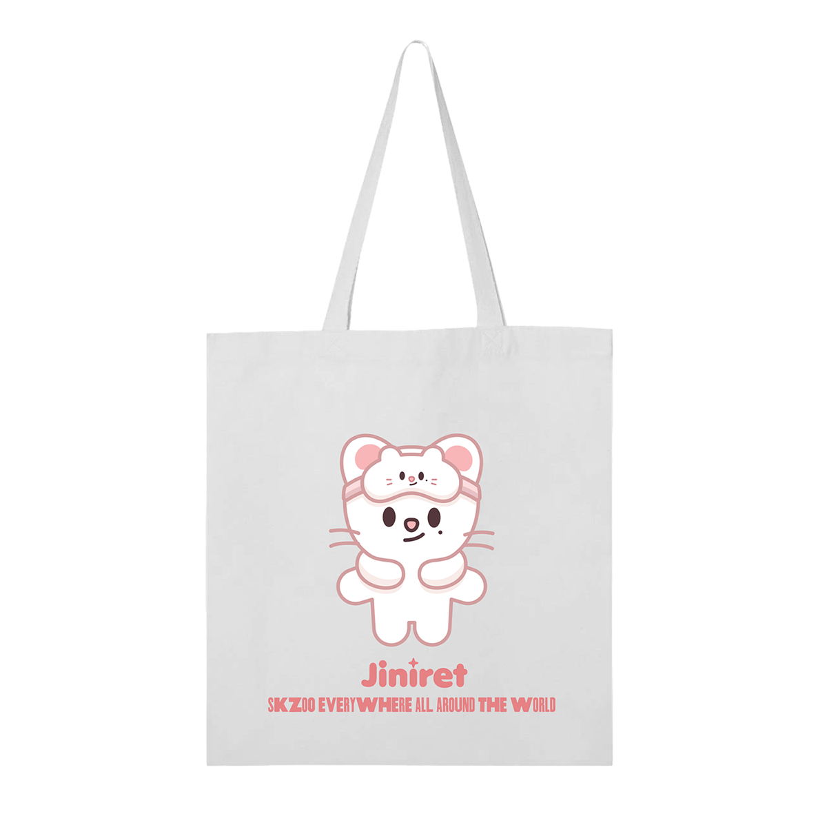 White tote bag with a cartoon character and 'Jiniret' branding 
