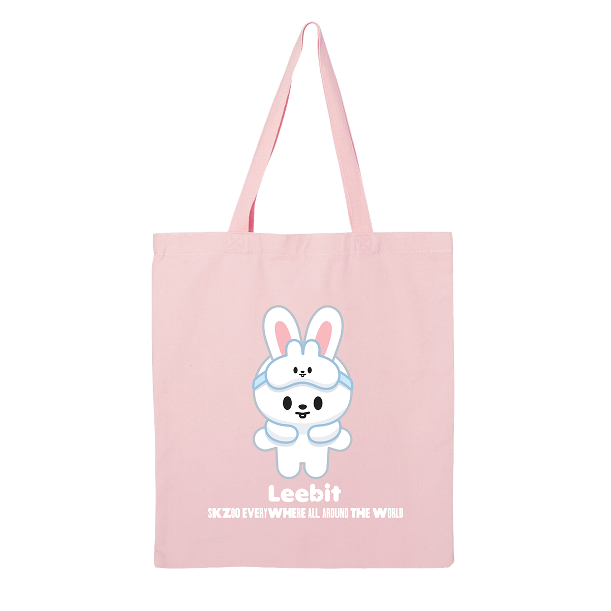 Pink tote bag with Leebit cartoon rabbit character and Leebit text