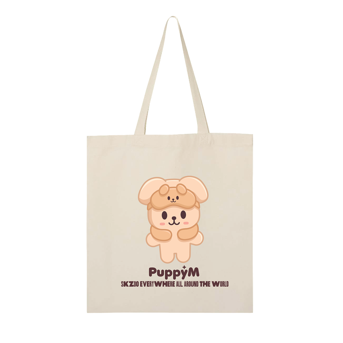 Beige tote bag with a cartoon dog design and text 