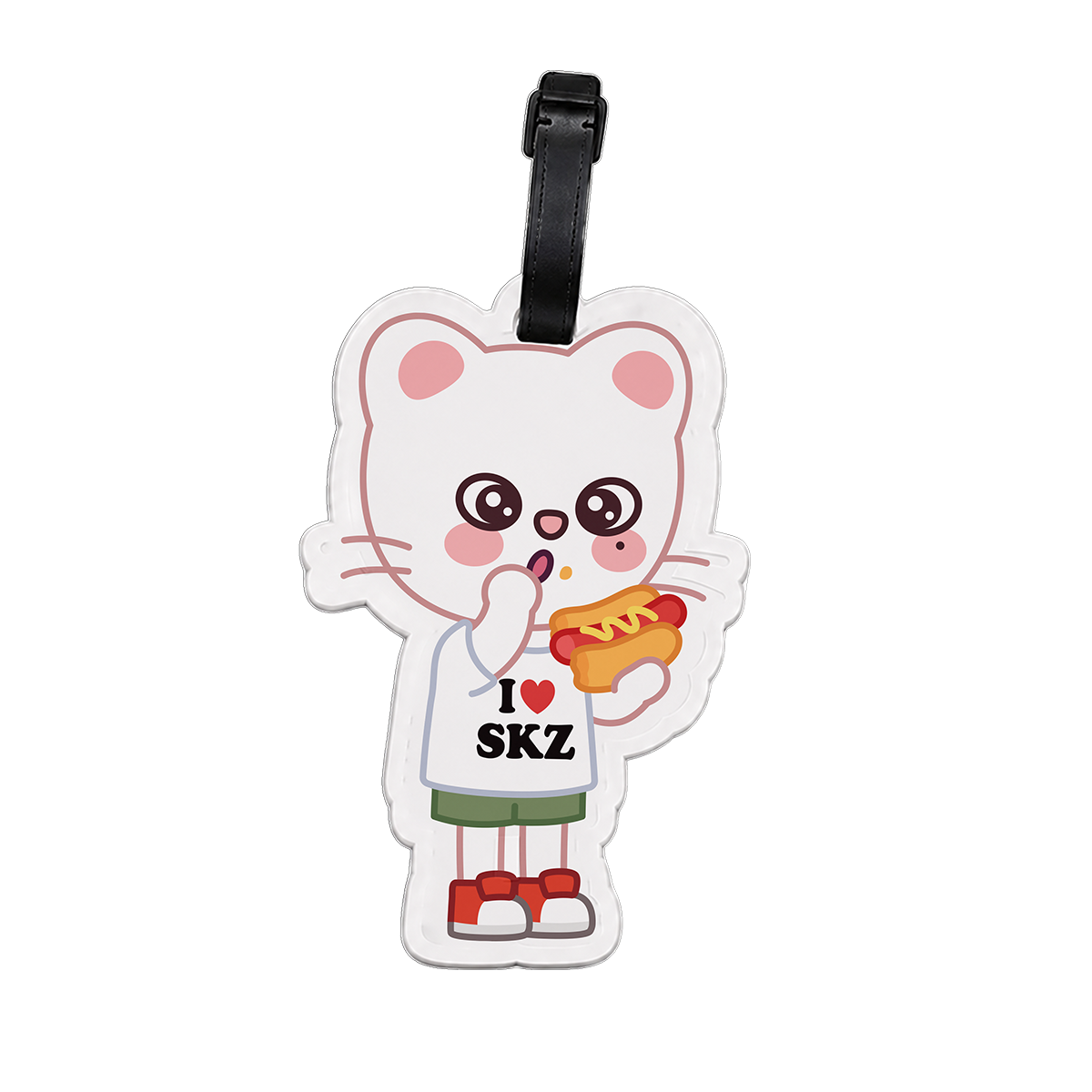 Cartoon character luggage tag with 'I ❤️ SKZ' text 