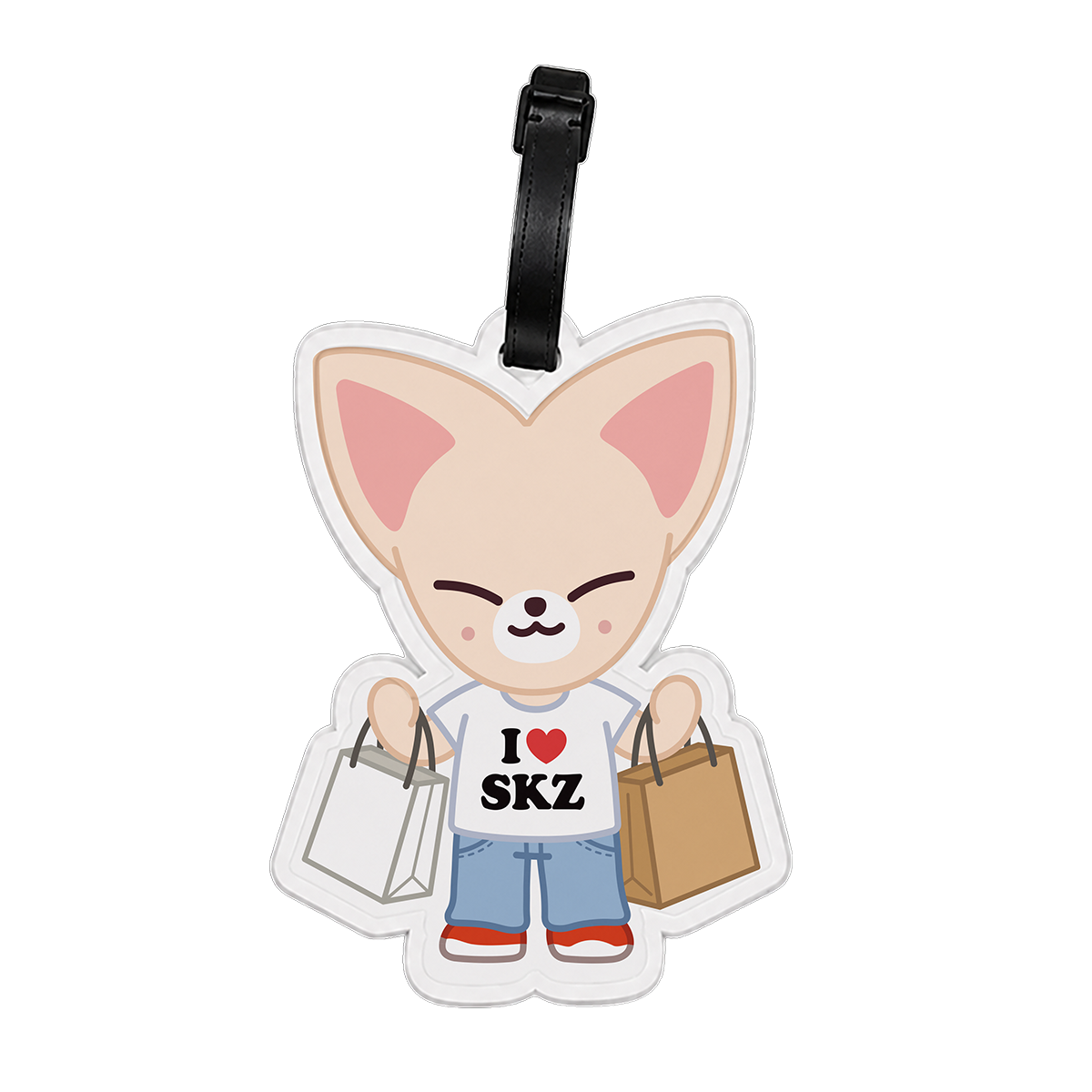 Cartoon character luggage tag with 'I ❤️ SKZ' text 