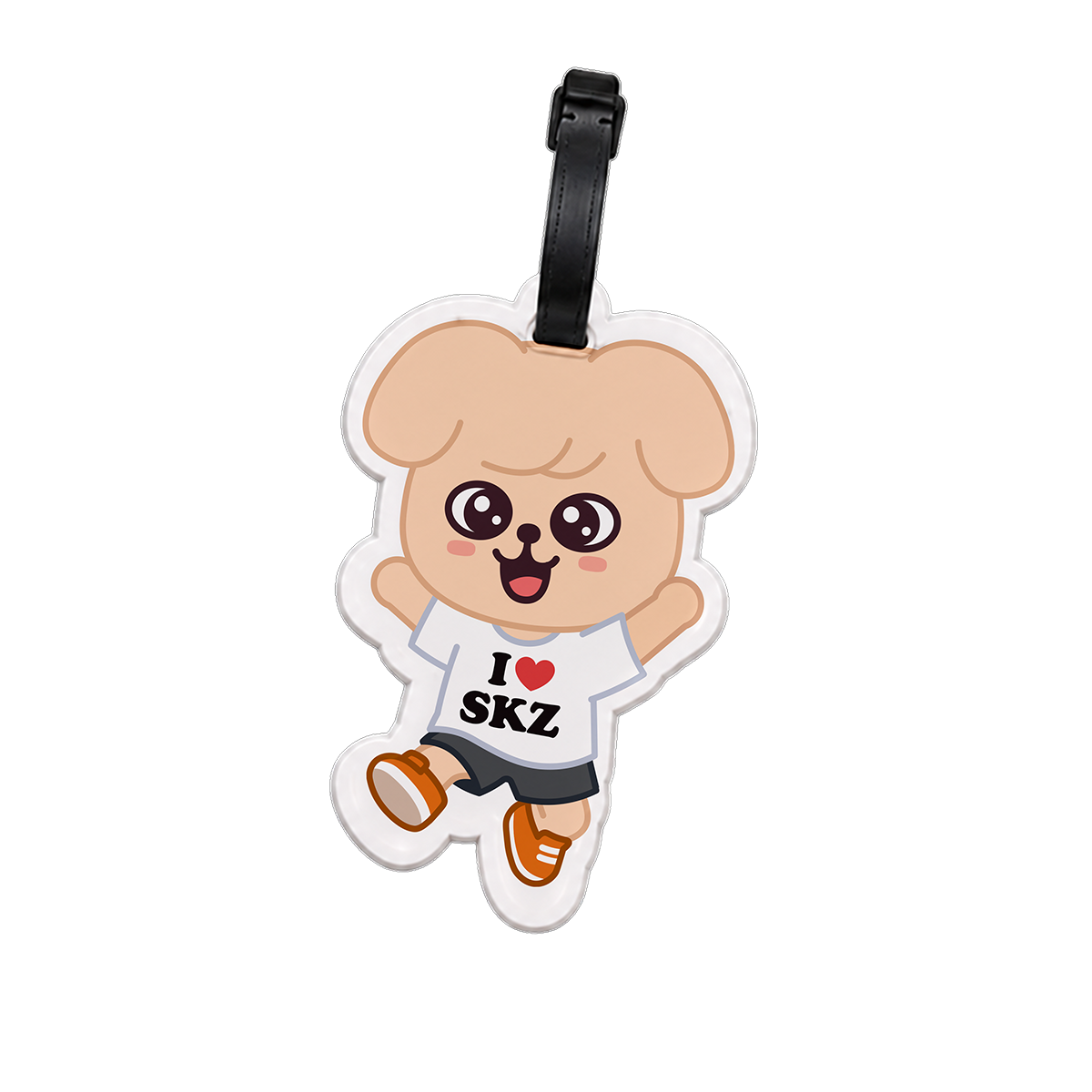 Luggage tag with cartoon character wearing a shirt saying 'I ❤️ SKZ' 