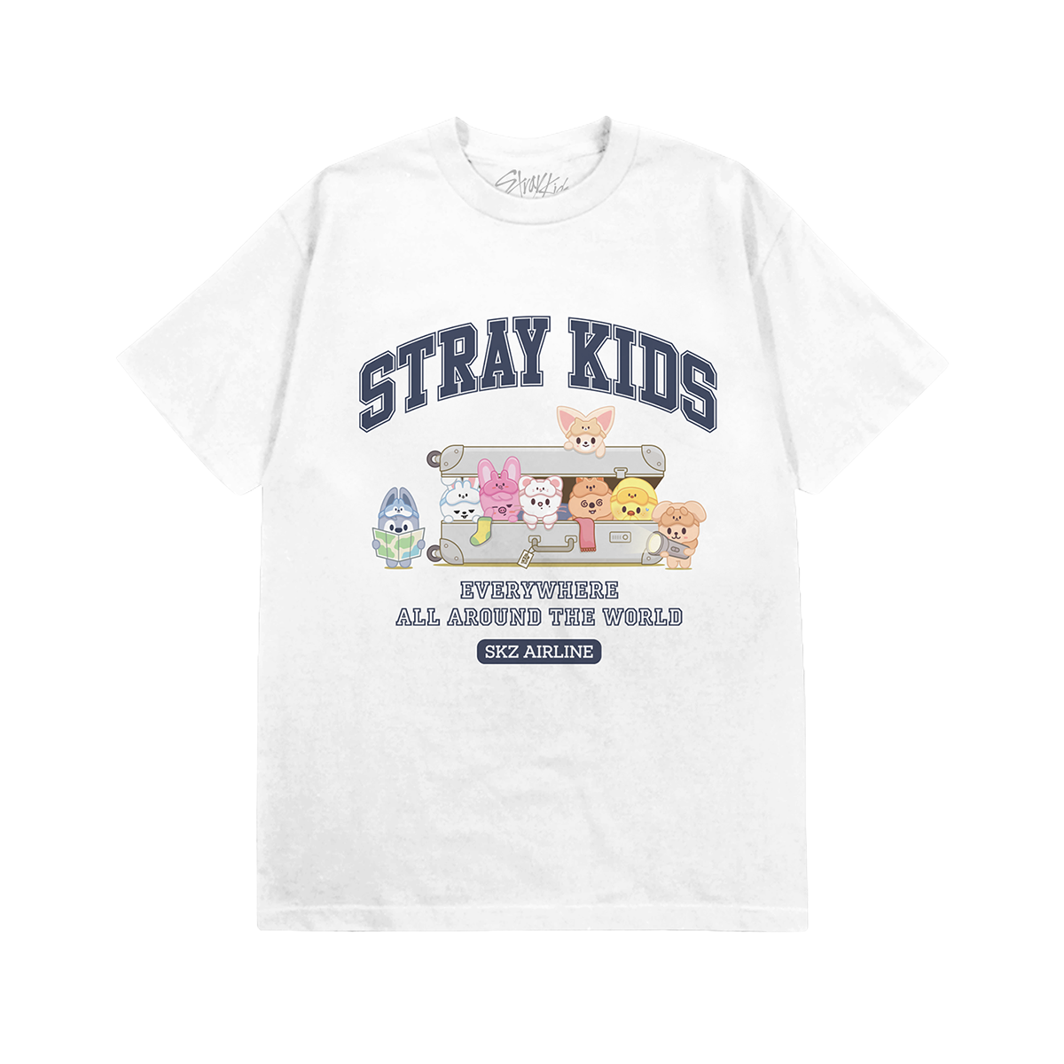 White t-shirt with 'Stray Kids' logo and character illustrations