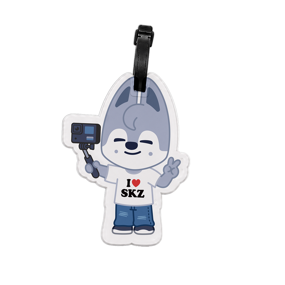 Luggage tag with cartoon character holding a camera, wearing a shirt with 'I ❤️ SKZ' text